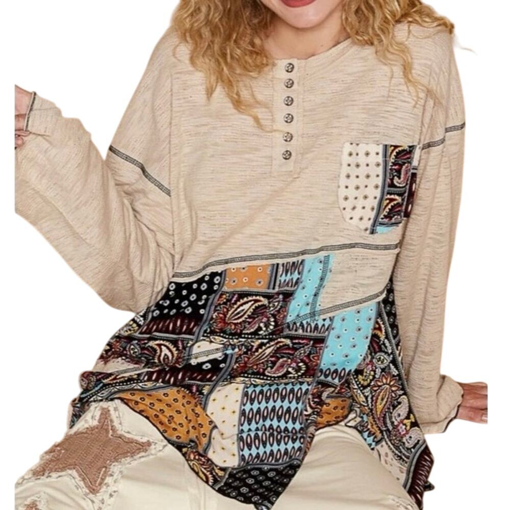 Pol Patchwork Asymmetrical Long Sleeve Shirt Tuni… - image 2